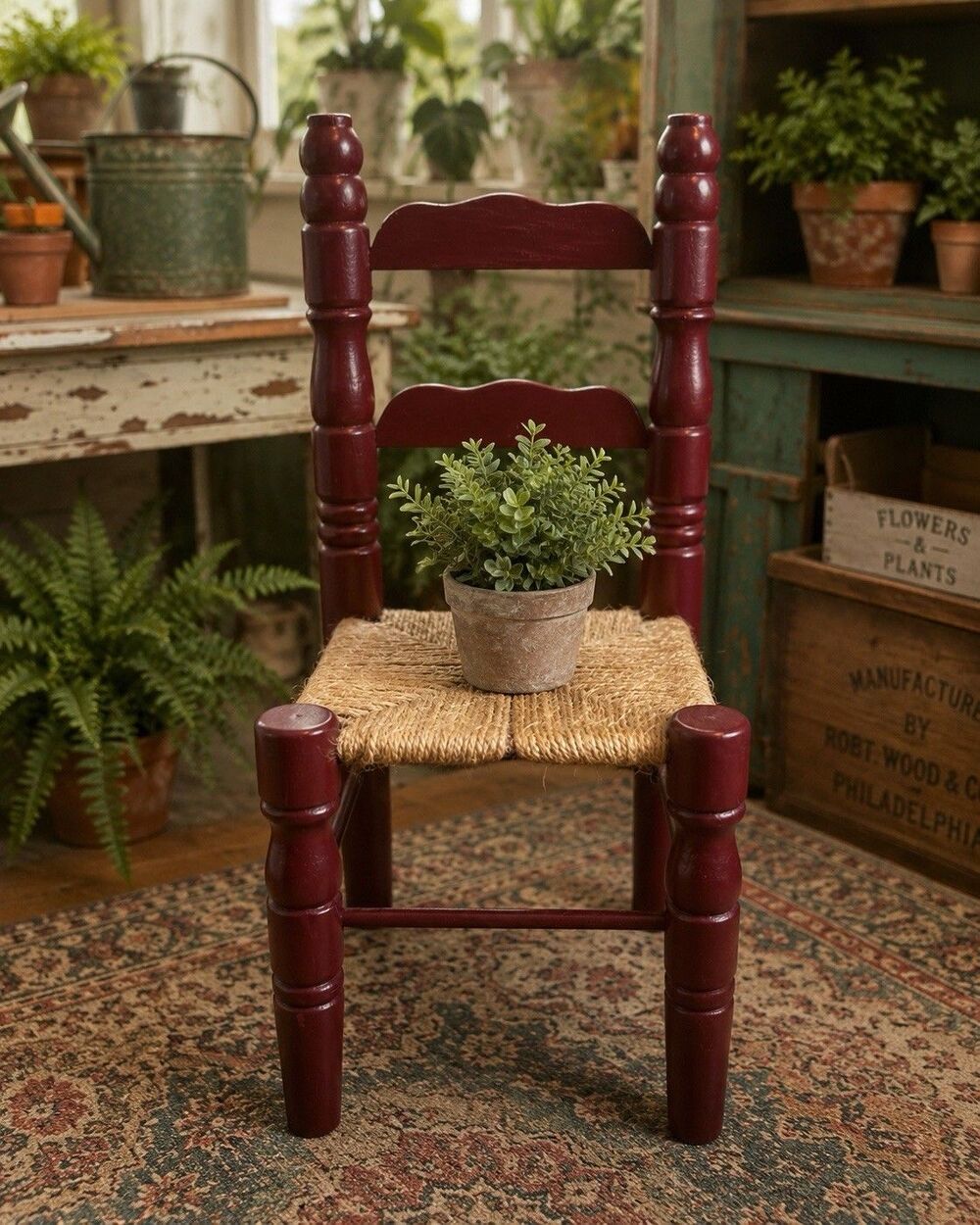 Vintage Miniature Doll Chair Jute Seat Wood 12” Doll Display Plant Stand Decor